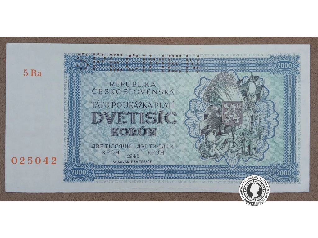 2000 Korunová poukážka - 1945 - Česko-Slovensko - SPECIMEN