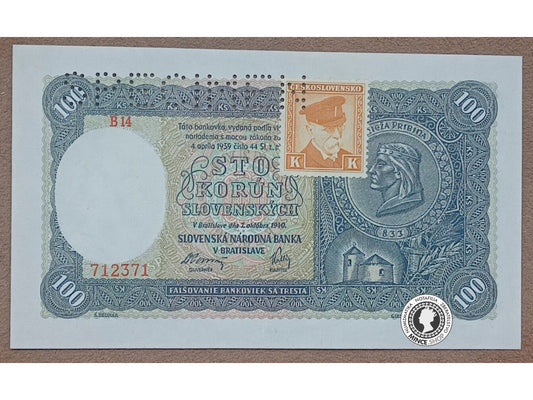 100 Korún koľkovaných - 1940 - Slovenský Štát / Česko-Slovensko - SPECIMEN