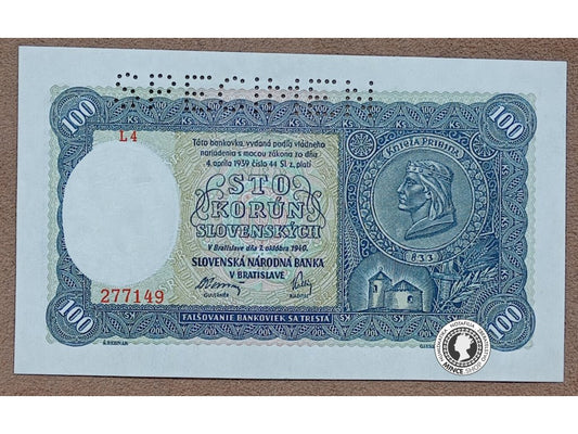 100 Korún - 1940 - Slovenský Štát / Česko-Slovensko - SPECIMEN - 1.vydanie